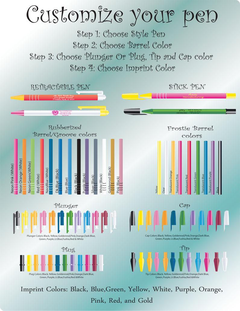 Customize your pen - Step 1: choose style pen, Step 2: Choose Barrel Color, Step 3: Choose plunger or plug tip and cap color, Step 4: Choose Imprint color.